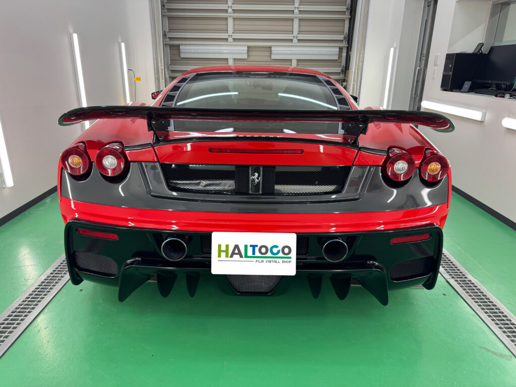 フェラーリF430リアバンパーのグロスカーボンPPF施工完成後の正面